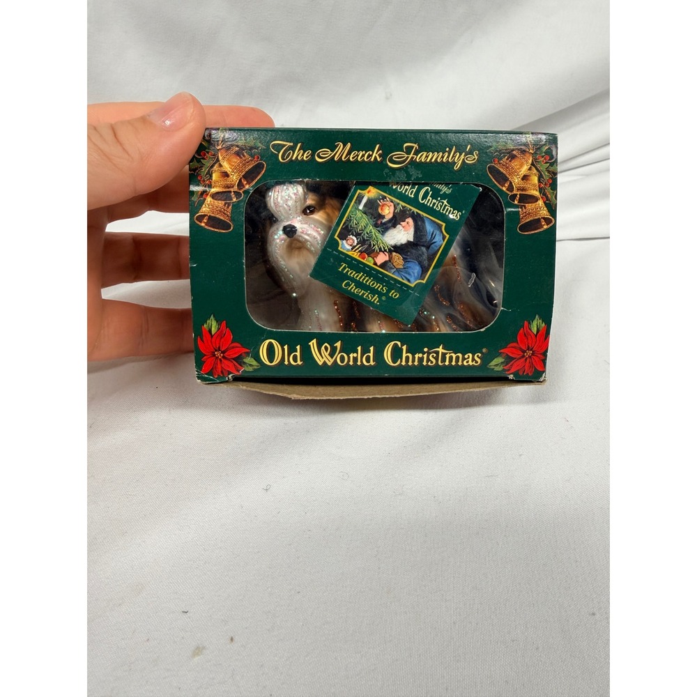 Old World Christmas Shih Tzu Dog Glass Ornament 12172 Merck Family Box Tag 2005